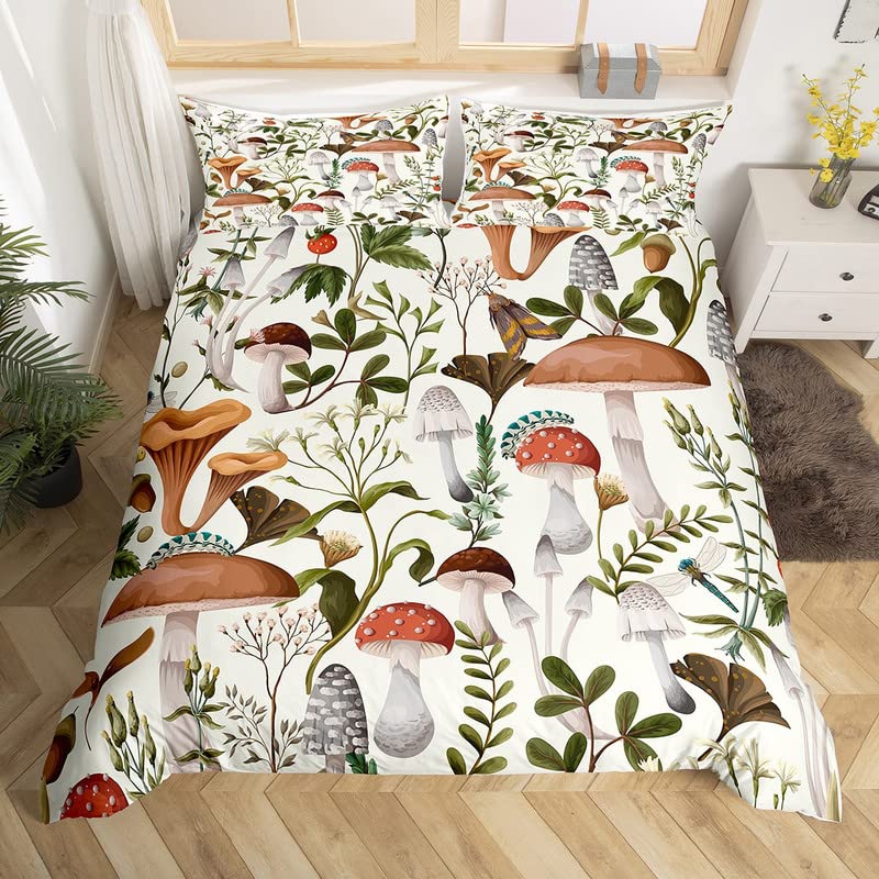 Mushroom Duvet Cover Watercolor Fungus Bedding Set Wild Botanical Comforter Cover Set Retro Leaf Pattern Polyester Quilt Cover