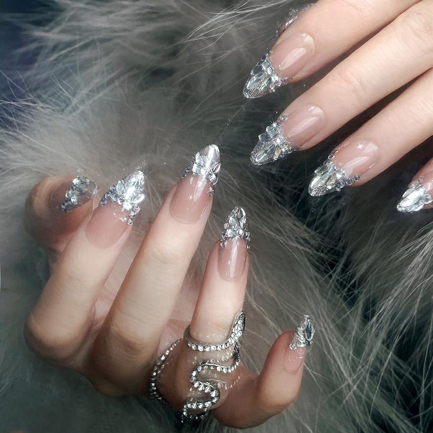 24Pcs Long Ballerina Press On Nails Sparkly Diamond And White Pearl Clear False Nails For Women Bride Wedding