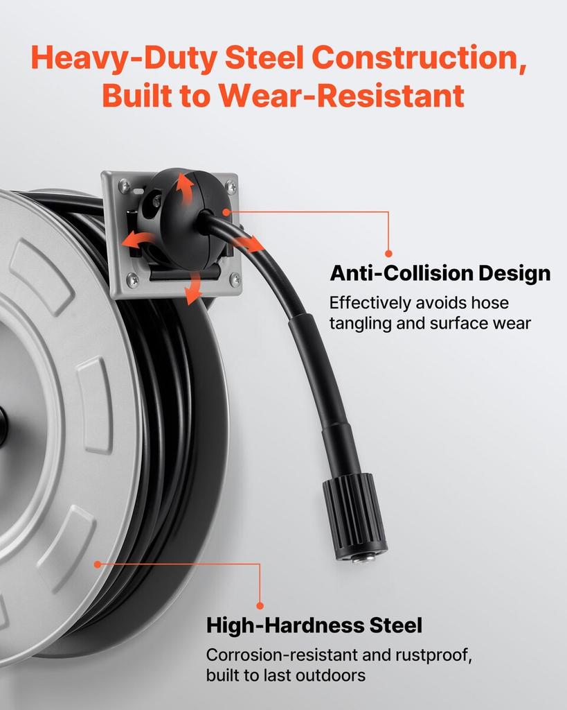Pressure Washer Hose Reel, 19.8 m x 6.4 mm Retractable Power Heavy-Duty Steel Washer Hose Reel, 3200PSI Max, Auto-Rewinding, Flexible Wall/Floor