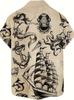 Hawaiian Ship Print Men's Casual Shirt - Short Sleeve Button-Up Design, Vibrant Colors, for Summer Outdoor and Casual Wear, Machine Washable
