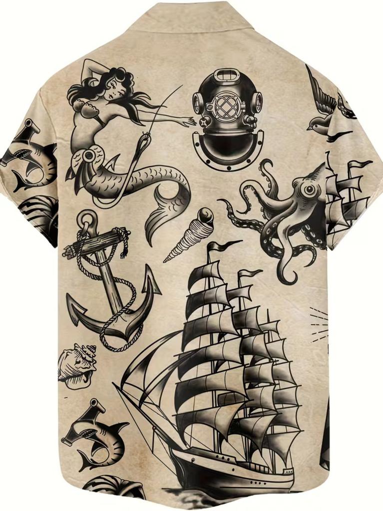 Hawaiian Ship Print Men's Casual Shirt - Short Sleeve Button-Up Design, Vibrant Colors, for Summer Outdoor and Casual Wear, Machine Washable