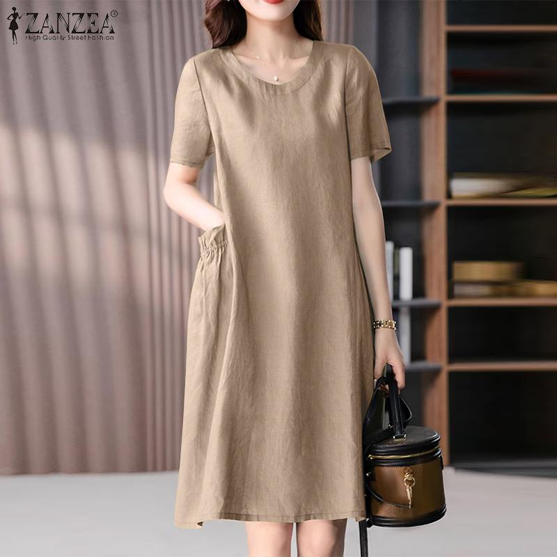 ZANZEA Женское повседневное свободное платье с коротким рукавом и круглым вырезом, летнее платье