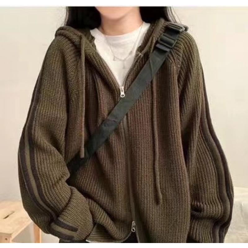 Korean Chic Striped Drawstring Hooded Knit Cardigan for Women - Loose Fit, Long-Sleeved, Autumn/Winter Style