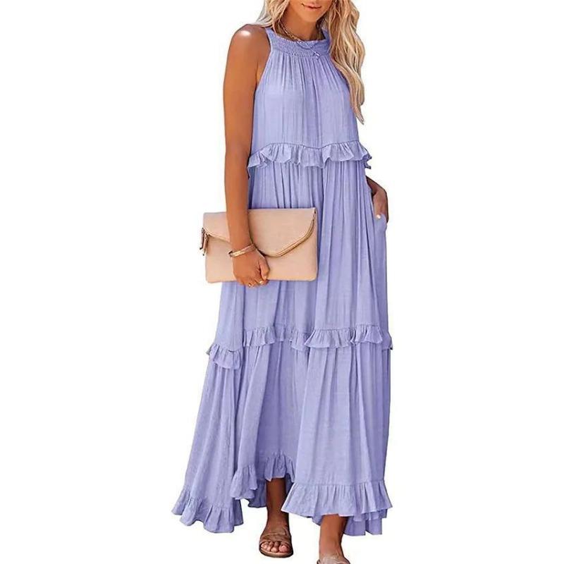 Fashion Elegant Sleeveless Ruffled Maxi Long Dress New O Neck Loose Casual Simple Summer A-line Beach Dresses Female Pleated Solid Color Clothing