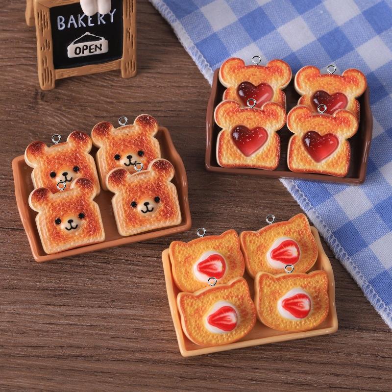 10/12pcs Heart Bear Cat Animal Shape Toast Bread Resin Charms Cute Claws Food Pendant Diy Earring Necklace Keychain Jewelry Make