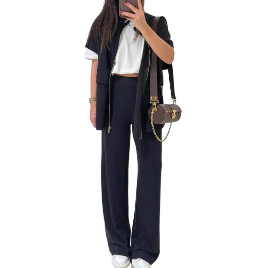 Women's Two Piece Outfit Casual Full Zip-up Short Sleeve Shirt And Wide Leg Pants Set Casual Lounge Tracksuit