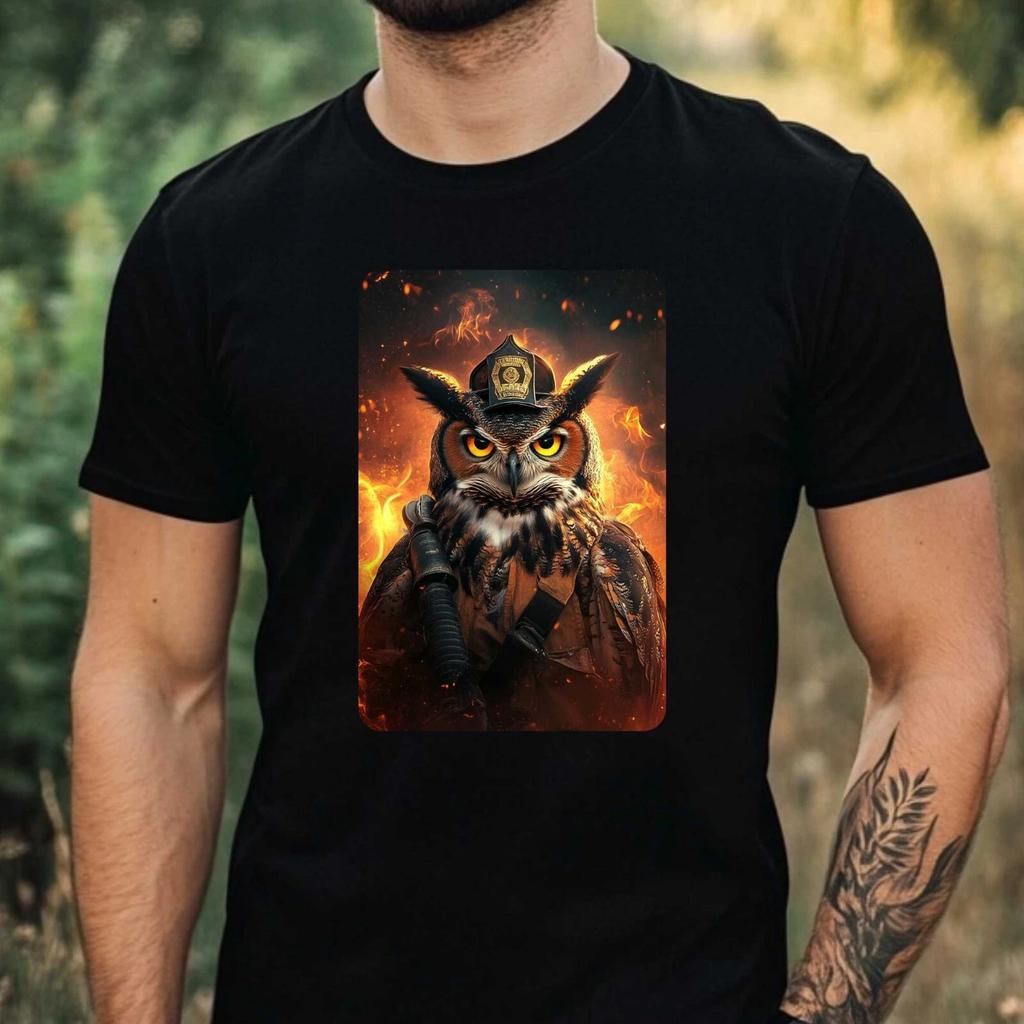 T-Shirt Herren Eule als Feuerwehrmann Motiv Baumwolle Größe XS bis 5XL