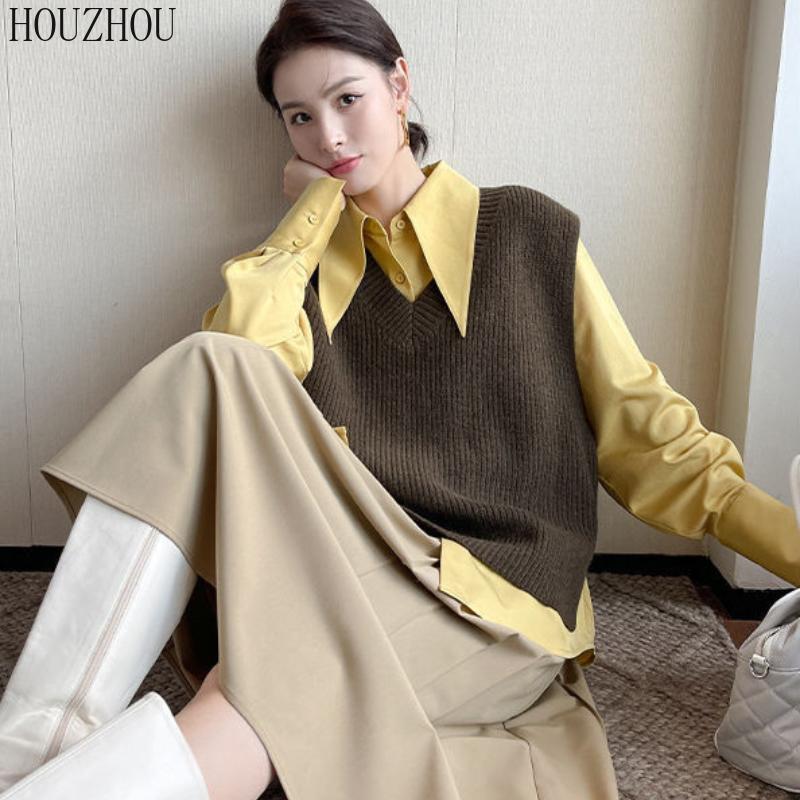 HOUZHOU Шикарная женская рубашка с острым воротником, корейская элегантная ретро-элегантная женская классическая блузка для поездок на работу