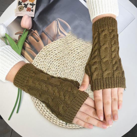 1 Pair Women Winter Gloves Crochet Knitting Mittens Warm Half Fingers Solid Color Elastic Anti-slip Gloves Twist Pattern Women