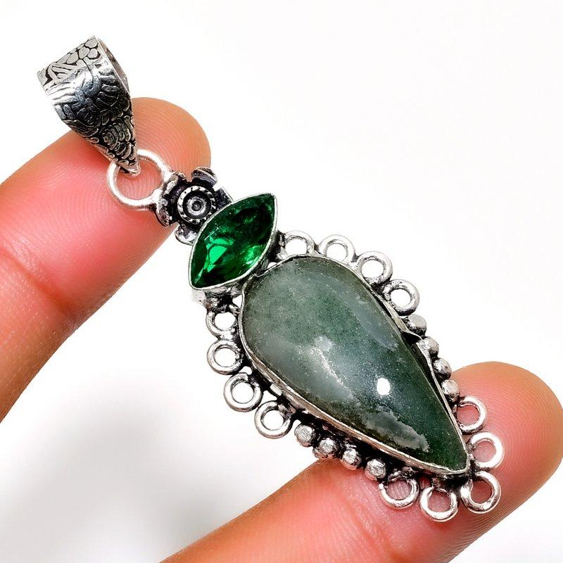 Green Apatite Diopside Gemstone 925 Silver Plated Jewelry Pendant 2.27"