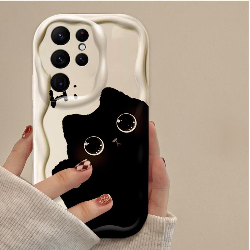 Мультяшный чехол с большими глазами черного кота для Samsung Galaxy S25 S24 Ultra S23 S22 S21 S20 Plus FE A56 A36 A26 A17 A07 Мягкий силиконовый чехол