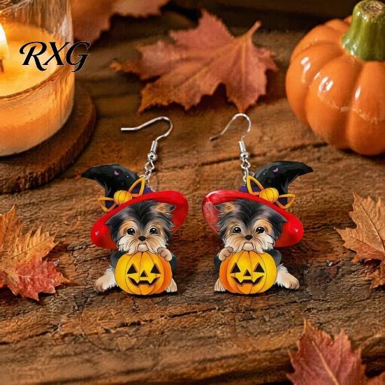 Novelty Halloween Party Earrings Witch Hat Puppy Earrings, Cute Dog Pumpkin Drop Rust-proof Curved Ear Hooks Lightweight Acrylic Jewelry, Accessories