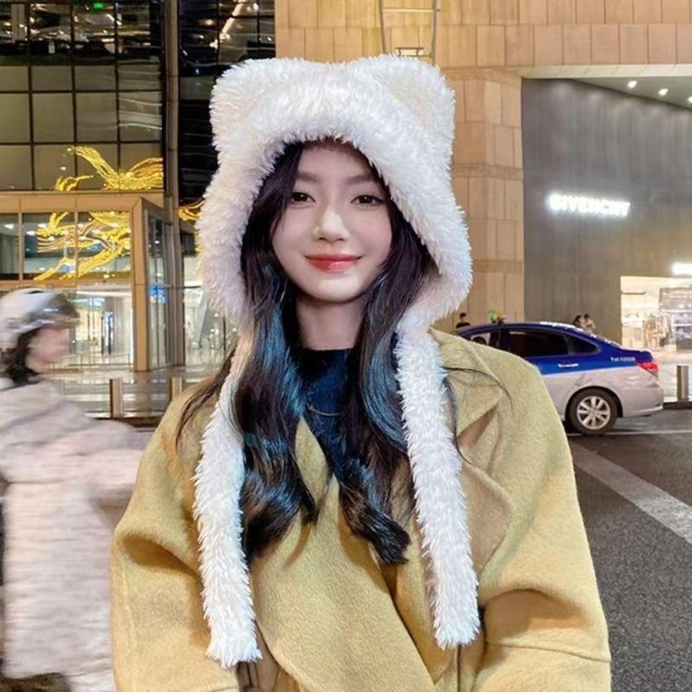 Warm Bear Ears Knit Hat Slouchy Plush Beanie Cap Cute Ear Protection Hat  Cold Weather