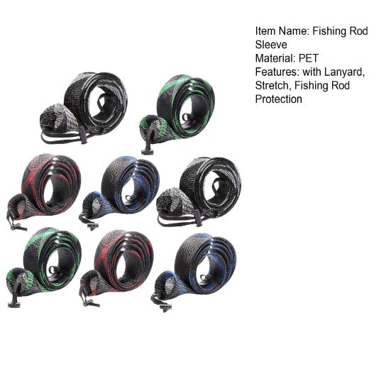 8Pcs 170CM Fishing Rod Sleeve with Lanyard PET Scalable Braided Mesh Fishing Rod Cover Foldable Stretch Fishing Pole Protector Fishing Accessories
