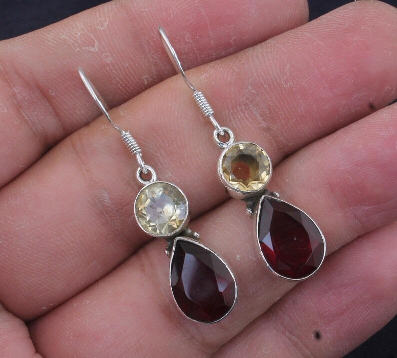 Solid 925 Sterling Silver Garnet & Citrine Gemstone Earrings Drop Earrings Wedding Anniversary Gift