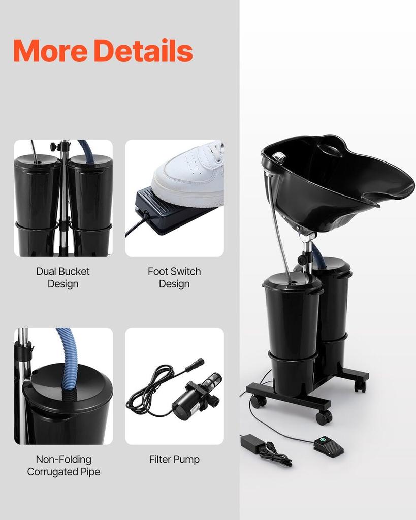 Portable Shampoo Bowl with Drain Hose 2 Buckets Adjustable Height Salon Sink