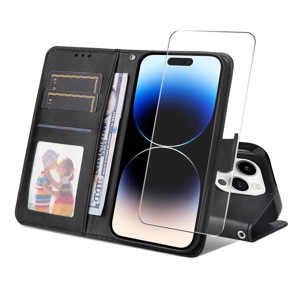 For iPhone 15 Pro PU Leather Wallet Case Phone Stand Cover with Tempered Glass