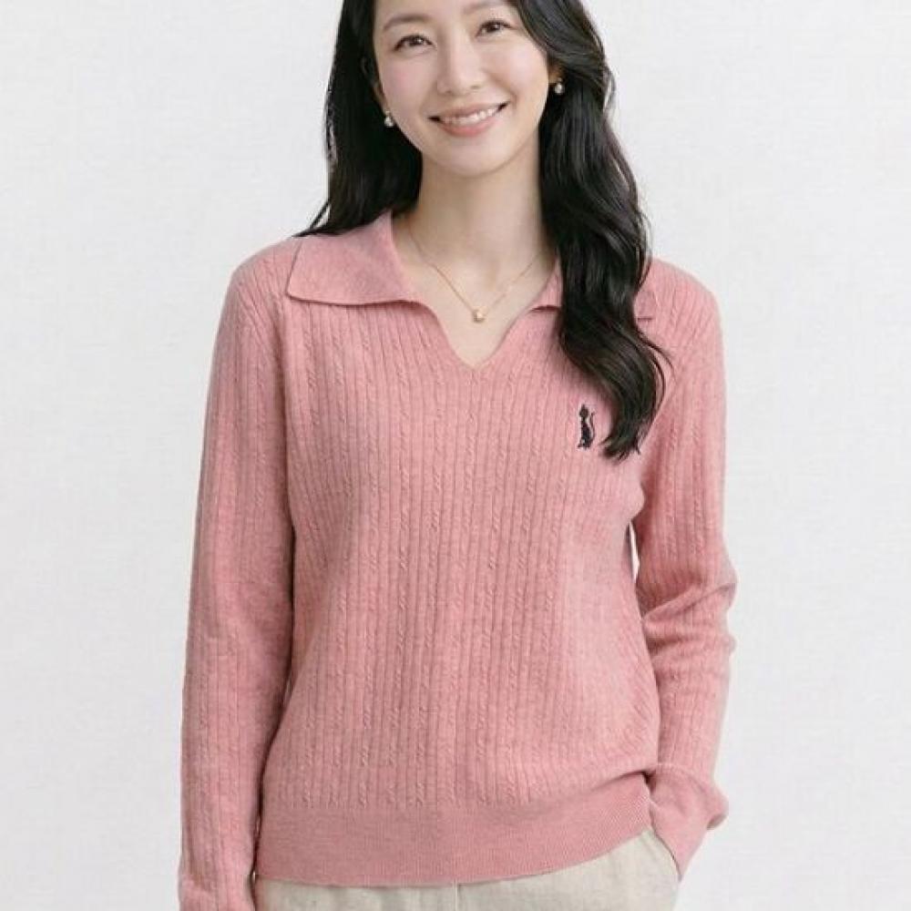 Navava Women Cat Embroidery Cable Knit Long Sleeve Collar Top Nk3594