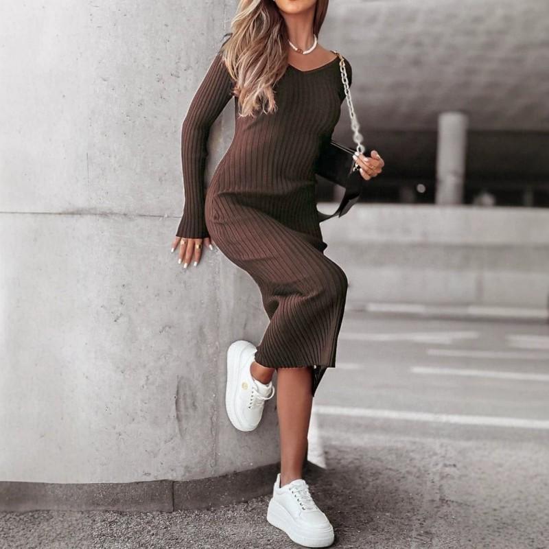 2026 Elegant V-Neck Long Sleeve Maxi Dress Pure Color
