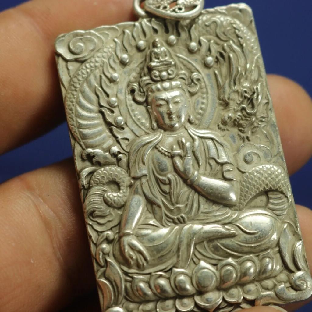 Chinese Old Tibet Silver Carved Kwan-Yin&dragon Statues Amulet Necklace Pendant
