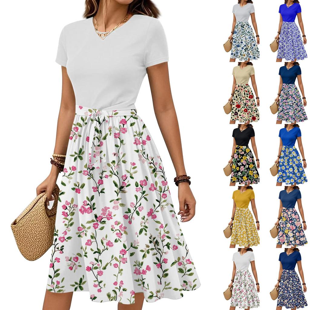 Women's Casual Fashion Belted Floral Print Short Sleeve Round Neck Elegant Dress