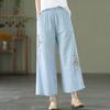 Cotton Pants Women Embroidery Casual Pants Women Retro Artistic Buckle Wide Leg Pants Nine Quarter Pants Women
