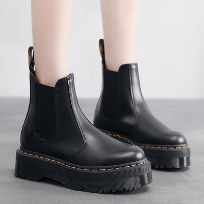 Новые женские ботинки челси на платформе, женские мотоботы, женские британские кожаные короткие ботинки на подошве-маффин, туфли на одной педали, мужские
