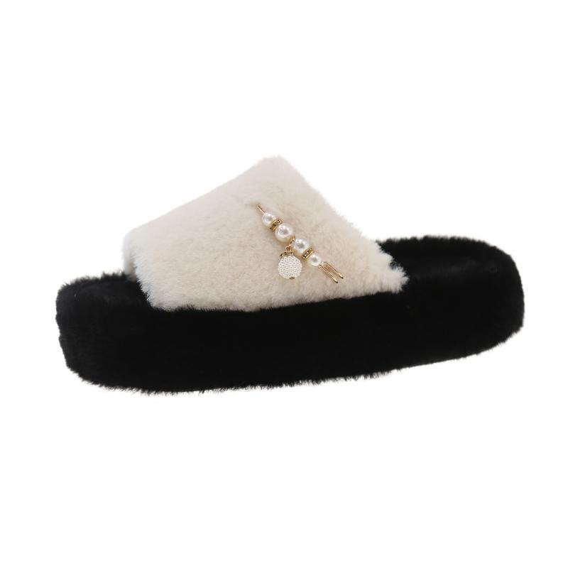 Fashion Aphixta Luxury Pearl Plush Furry Slipper Black Concise Women Indoor Bedroom Slippers Flat Heel Hair Slippers Round Toe Footwear