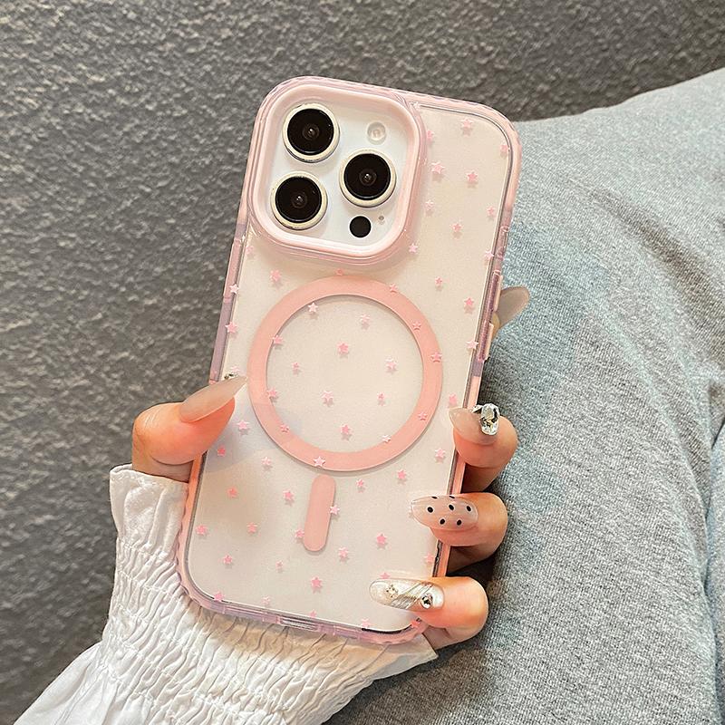Розовые Звезды Магнитная Беспроводная Зарядка Прозрачная Мягкая ТПУ Задняя Крышка Для iPhone 13 14 15 16 17 Pro Max Совместимая С Чехлом Magsafe