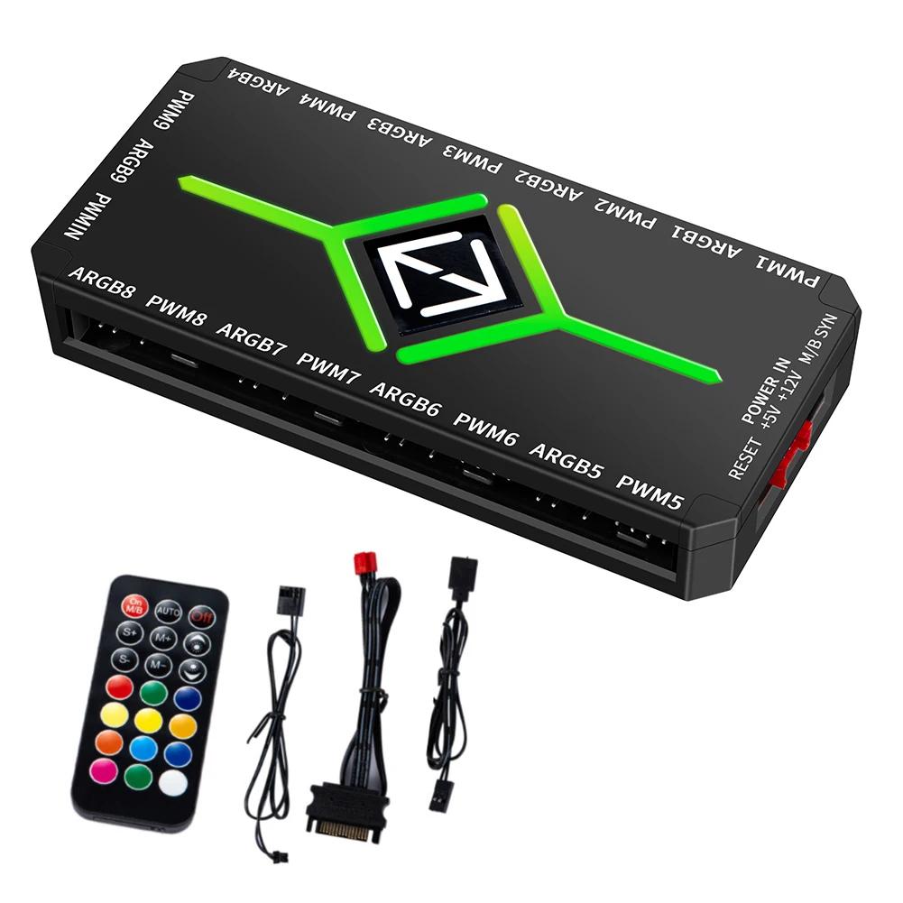 Многопортовый разветвитель-хаб для PWM магнитных ARGB вентиляторов 3-в-1 для ПК с пультом дистанционного управления, поддерживает 9 вентиляторов и настраиваемую подсветку