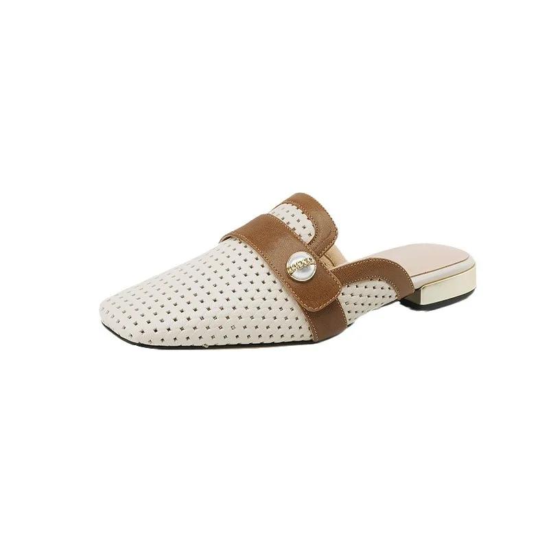 Модные сетчатые полые полутапочки женские 2024 новые летние квадратные носки на низком каблуке наружные мюли тапочки удобная женская обувь Zapatos De Mujer