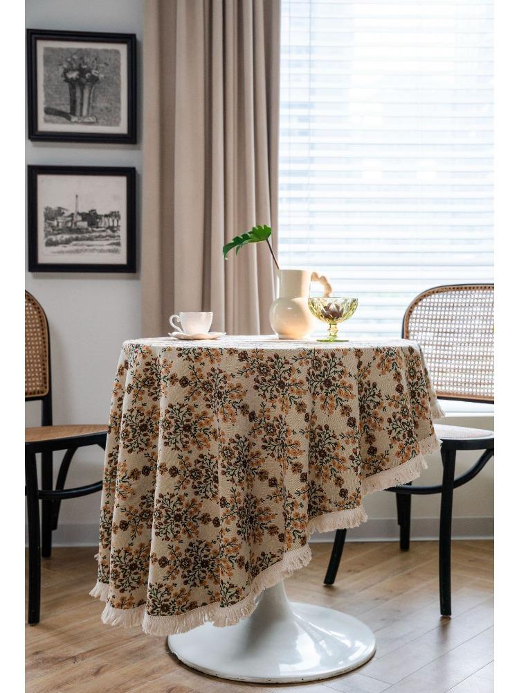 Floral Round Tablecloth with Tassels Diameter – Light Blue Polyester Jacquard Design, Decorative Lace and Fringe Detail for Dining