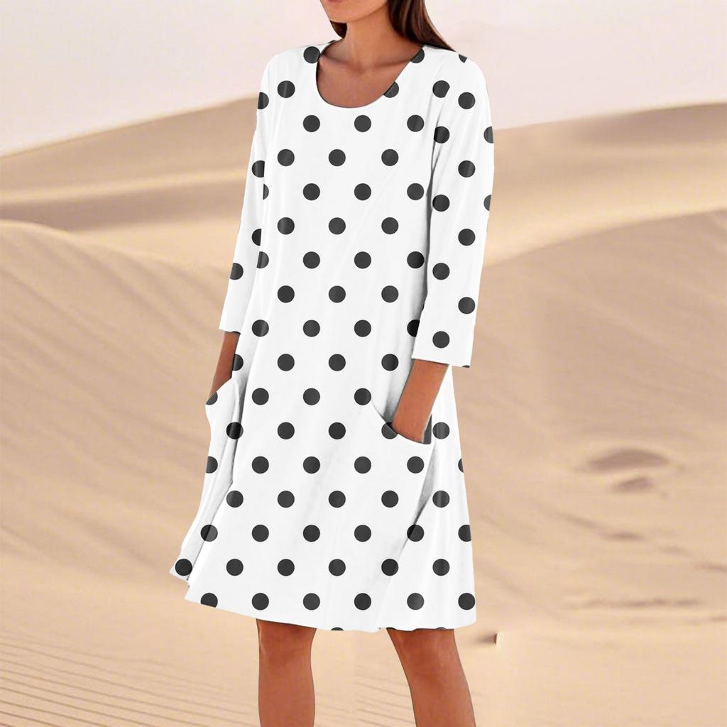 Женское однотонное модное свободное повседневное платье с рукавом три четверти Женское модное свободное повседневное платье с принтом в горошек и рукавом три четверти