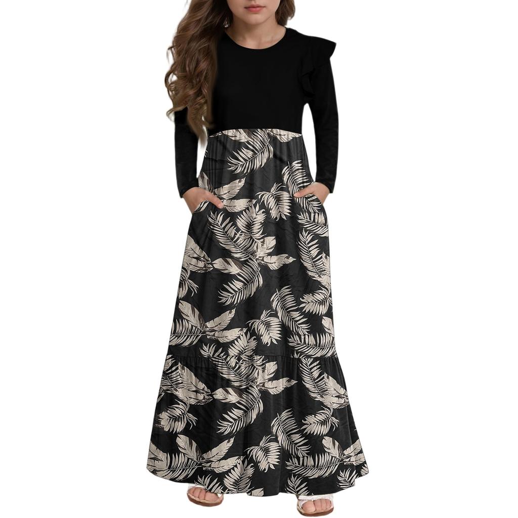 Girls' Tiered Ruffle Dress - Long Sleeve Printed Maxi With Pockets