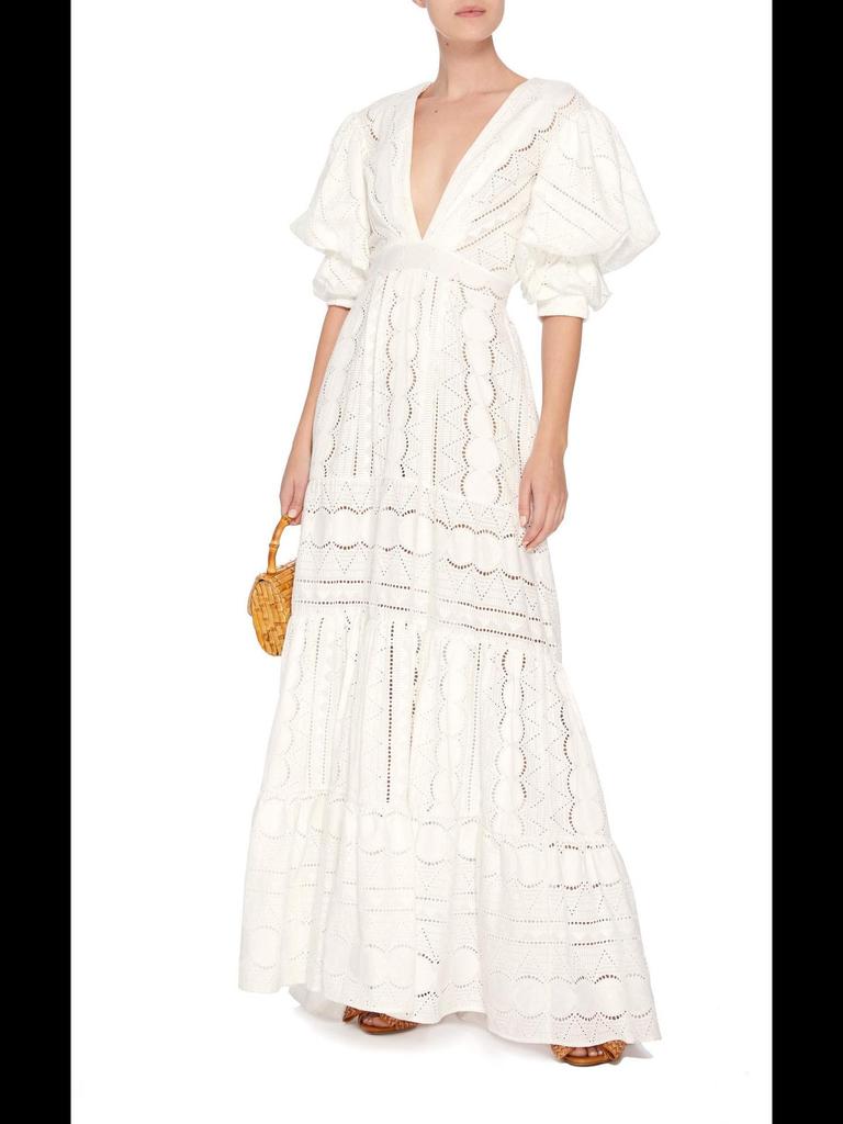 Летнее женское кружевное платье 2020 года с глубоким V-образным вырезом, рукавами-фонариками и ажурным дизайном — длинная юбка в европейском и американском стиле.