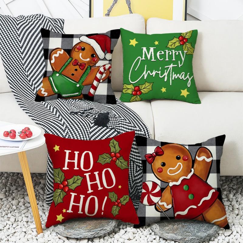 Festive Red Cream Gingerbread Man Pillow Cover Soft Plush Decorative Throw Cushion Sofa Bed