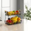 2 Tier Fruit Storage Basket Kitchen Countertop Organizer with Wooden Handle Mesh Carbon Steel Bowl for Bread Vegetable