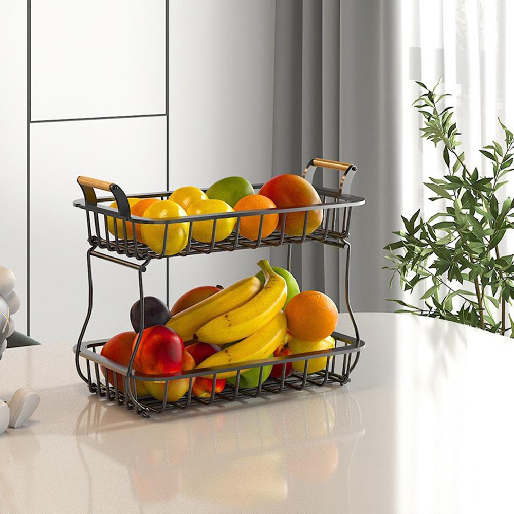2 Tier Fruit Storage Basket Kitchen Countertop Organizer with Wooden Handle Mesh Carbon Steel Bowl for Bread Vegetable