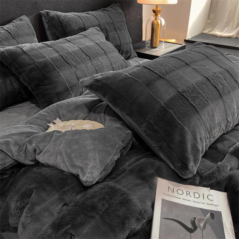 Solid Color Rabbit Fleece Four-Piece Set, Thickened Milk Fleece Bed Sheet Quilt Cover, Three-Piece Bed Set, Fleece Quilt Cover