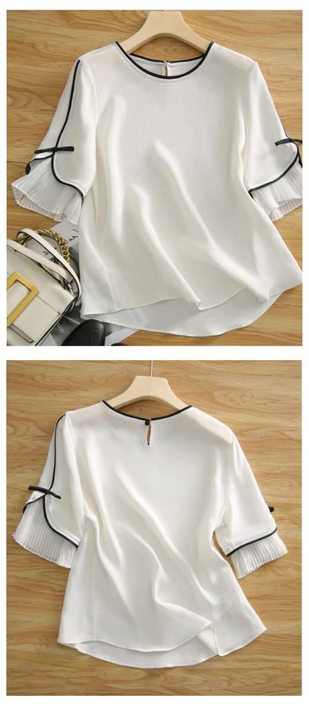 Блузка Летний Топ Короткий Рукав Круглый Вырез Пуловер Шифон Плиссированные Рукава Свободный Крой Стильный Женственный Чистый [Seira] Женская Футболка