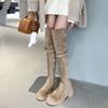 Winter Platform Women Long Boots Side Zippers Suded Over-The-Knee High Boots Female Elegant Square Heel Womens Belt Buckle Boots