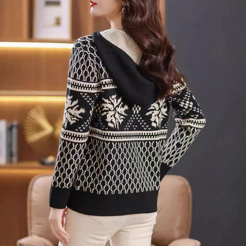 Осень-зима, новая женская жаккардовая толстовка с кепкой, стильный топ с круглым вырезом, замедляющий старение, для ценителей моды