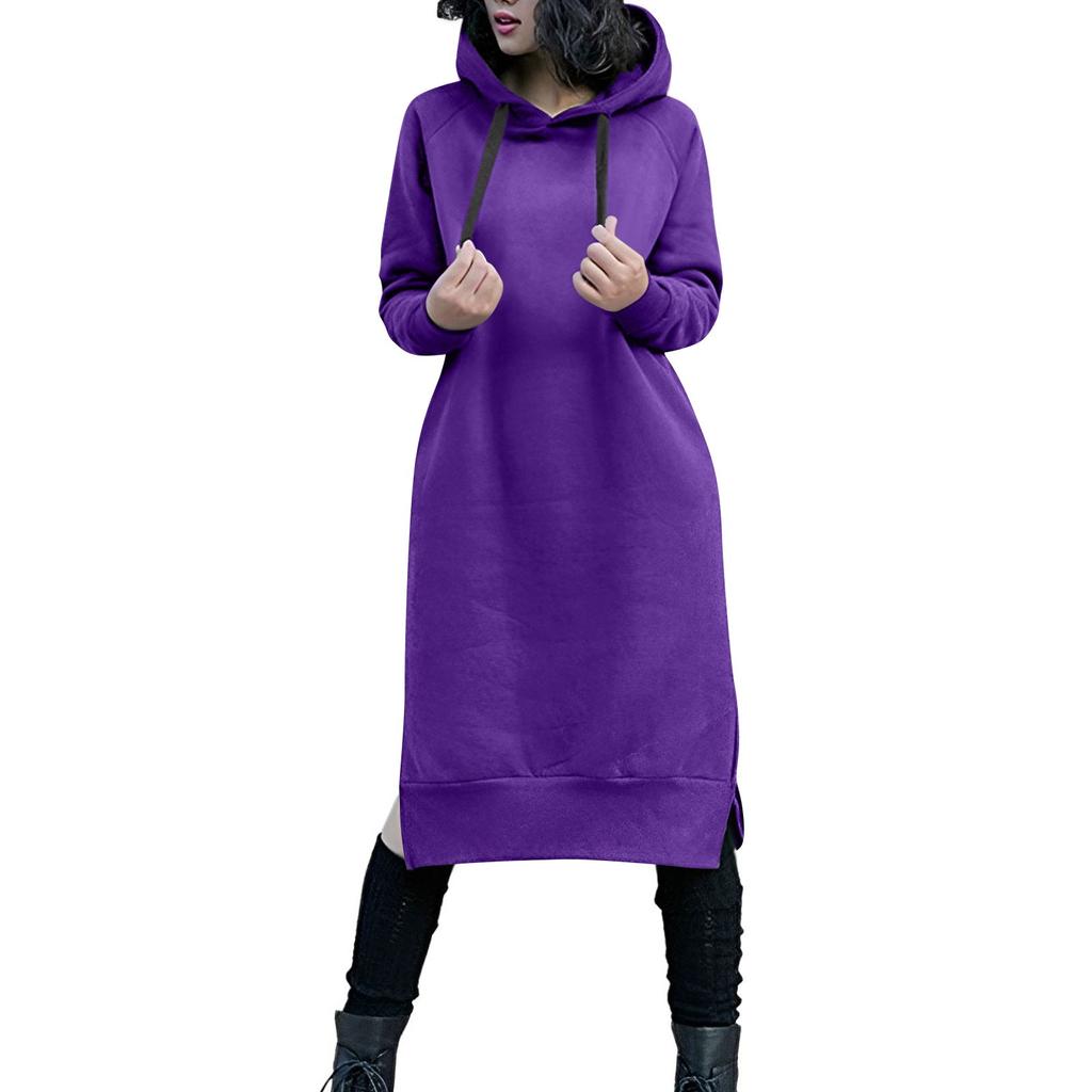 Cute Hooded Dress For Teen Girls Solid Color Drawstring Pocket Long Sleeve Fall Plus Size Sweatshirt Dress