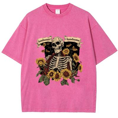 Летняя футболка женская стираная джинсовая ткань новая популярная принт черепа короткий рукав оверсайз круглый вырез топ хип-хоп наряд