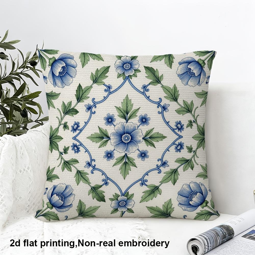 2D Flat Printing, 1pc, Blue Floral Pattern with Green Leaves, Pillow Cover, Double-sided Printing, Polyester, Decorative Pillowcase, Suitable for Fami