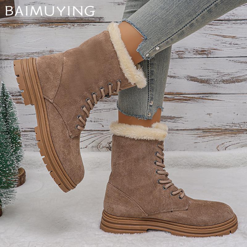 Ботильоны женские меховые зимние замшевые короткие плюшевые хлопковые туфли на среднем каблуке со шнуровкой 2025 года, теплые нескользящие зимние ботинки женские