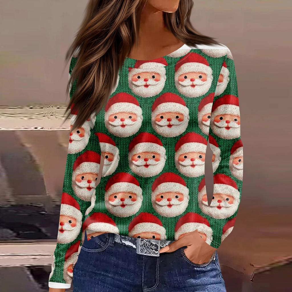 Women's Fashion Hem Slit Casual Christmas Printed Round Neck Long Sleeve Top