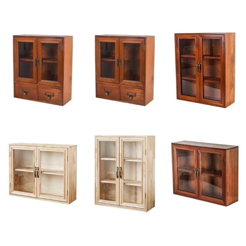 Wooden Desktop Organizers Cabinet with Glass Door for Cosmetics, Stationery, Small Kitchen Items and Decors Use
