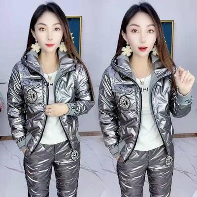 Женский осенне-зимний пуховик большого размера 4XL, свободного кроя, с глянцевым покрытием + теплые брюки, повседневный теплый комплект из 2 предметов