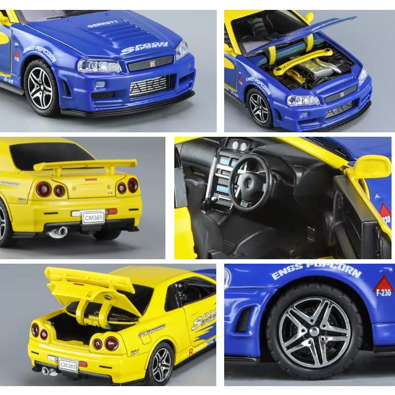 New 1:32 GTR R34 Alloy Sports Car Model Die-cast Toy Racing Car Model Simulation Sound and Light Pull Back Children Boy Trend Collection Gift